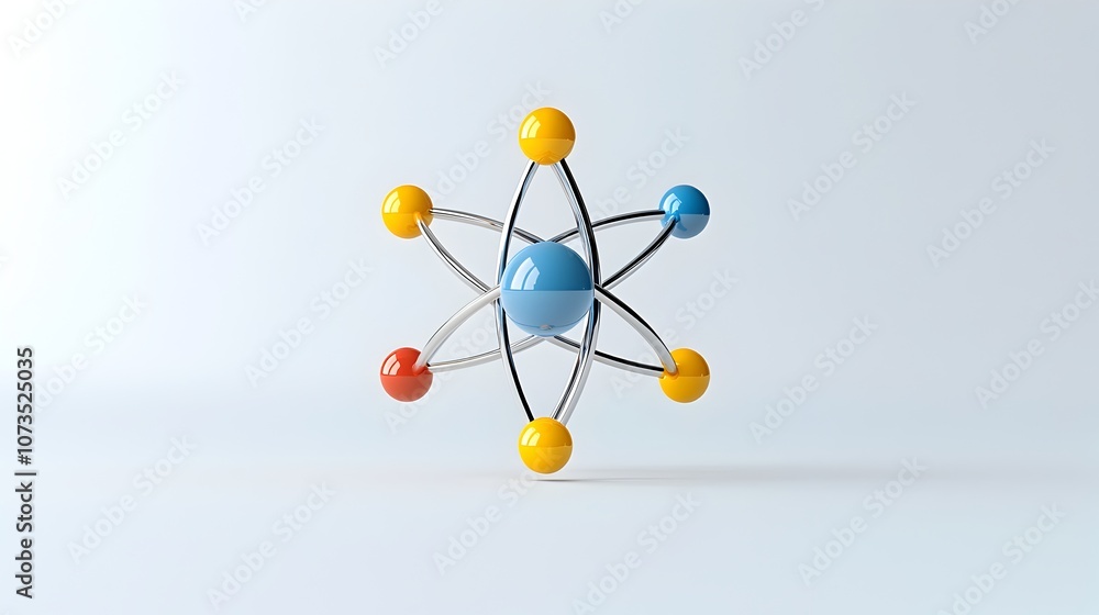 Poster A highly detailed and visually striking of an atomic nucleus with distinct colored electrons orbiting around it placed against a plain high contrast background