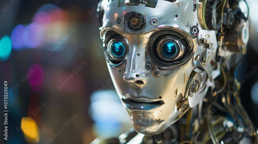 Poster a futuristic robot with glowing eyes in a vibrant setting