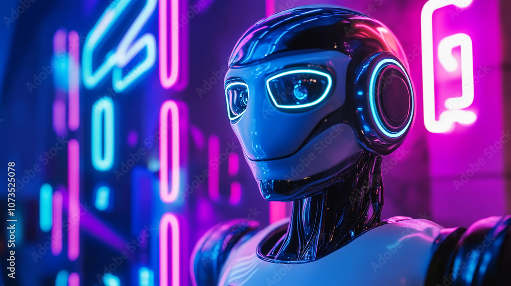 Aufkleber futuristic robot illuminated by neon lights in a tech space
