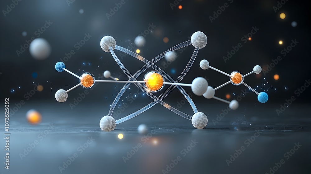 Poster Detailed 3D of an atom model featuring vibrant protons and neutrons in contrasting colors showcasing the complex subatomic structure and energy of matter