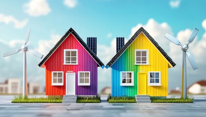 Obraz premium Colorful eco-friendly houses with wind turbines.