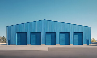 Obraz premium A large blue metal building with multiple doors stands on a paved lot against a clear blue sky