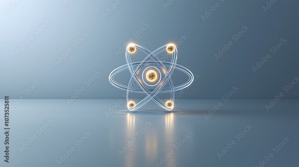 Aufkleber Detailed 3D Rendering of an Atomic Structure with Glowing Orbits Centered in a Sleek Minimalist Professional Layout