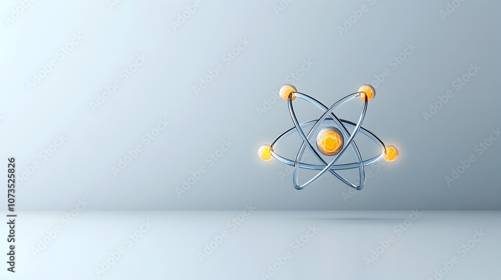 Poster 3D Rendering of an Atom with Glowing Orbits Centered in a Minimal and Professional Layout