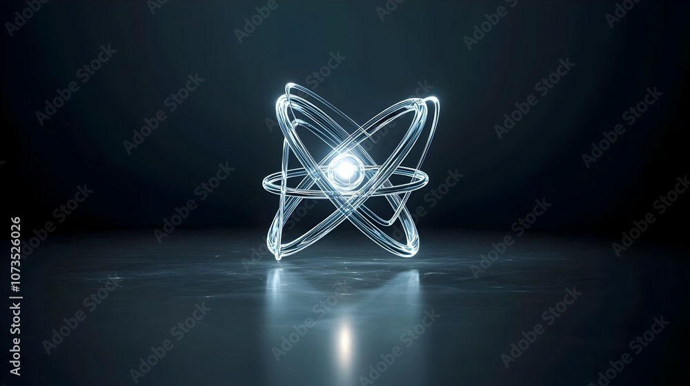 Poster Streamlined 3D Render of an Atom with Modernized Electron Paths and Radiant Center Isolated on a Minimalistic Background