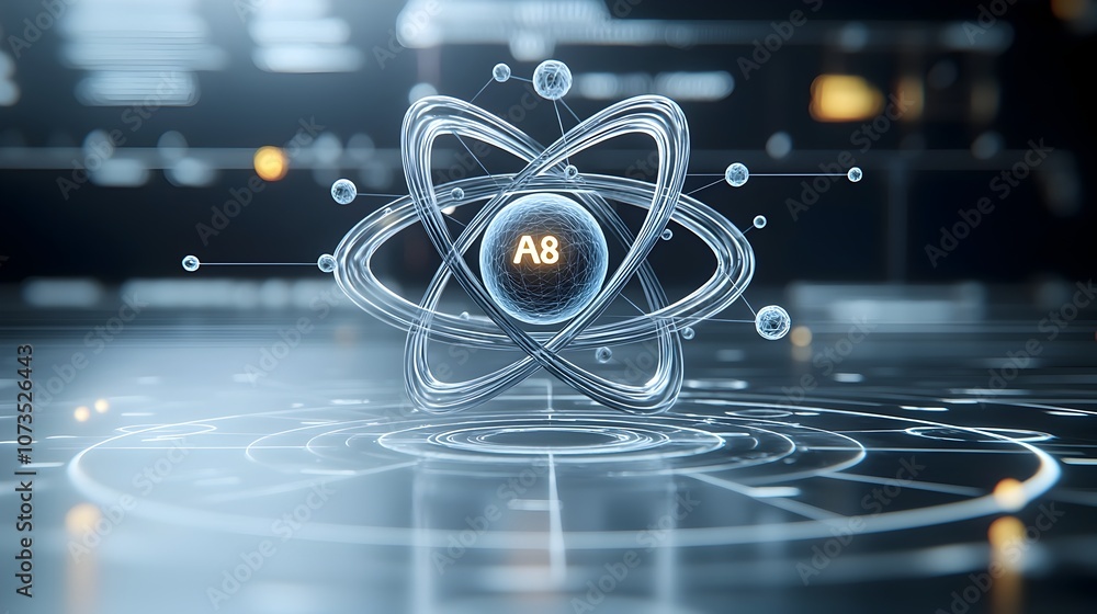 Poster Detailed 3D showcasing the complex inner structure of an atom with a close up view of the nucleus and the intricate orbits of the electrons set against a minimalist abstract background