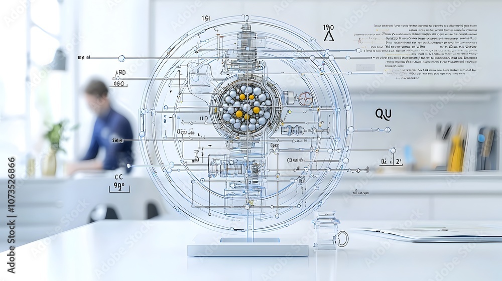 Leinwandbilder Highly detailed 3D cross sectional visualization of an atom model displaying the nucleus composed of protons and neutrons along with the layered electron paths surrounding the core