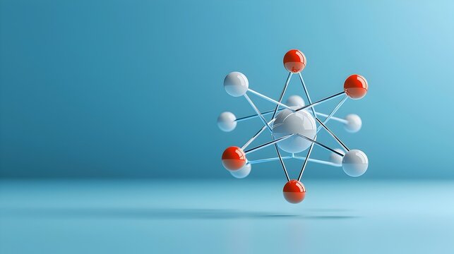 Sleek and modern 3D of an atom structure with clearly defined protons neutrons and electron paths in a sharp polished geometric design