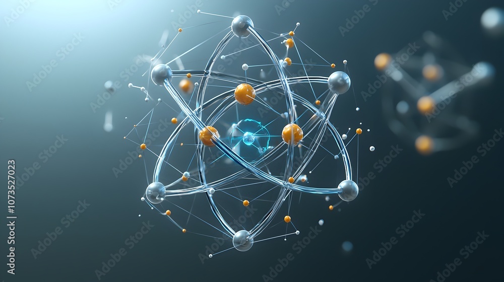 Poster Detailed 3D visualization of an atomic structure showcasing the intricate subatomic particles and their complex interactions with high definition shading and lighting for a scientific effect