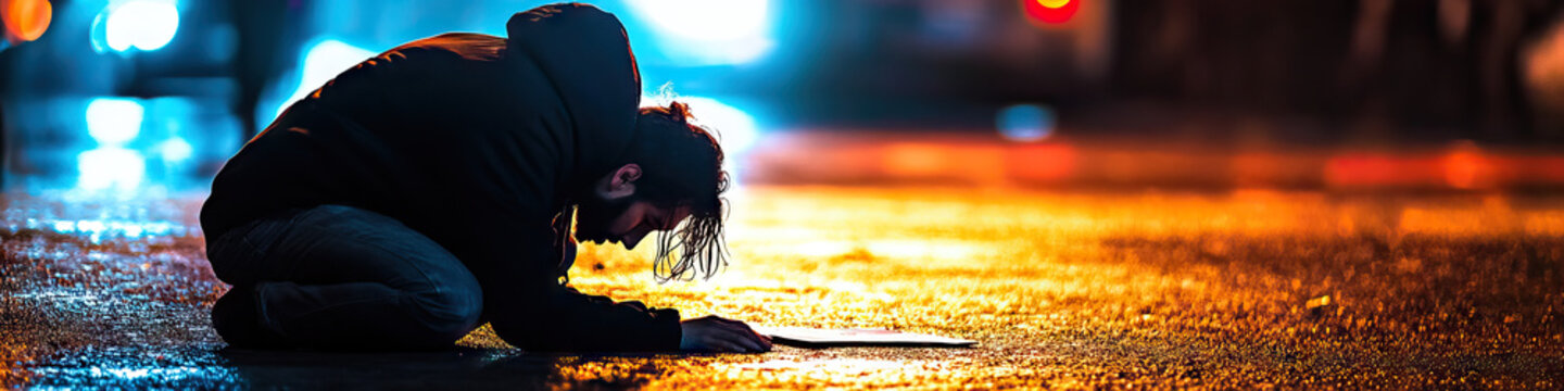 A single protestor kneeling, head bowed, sign resting on the ground.