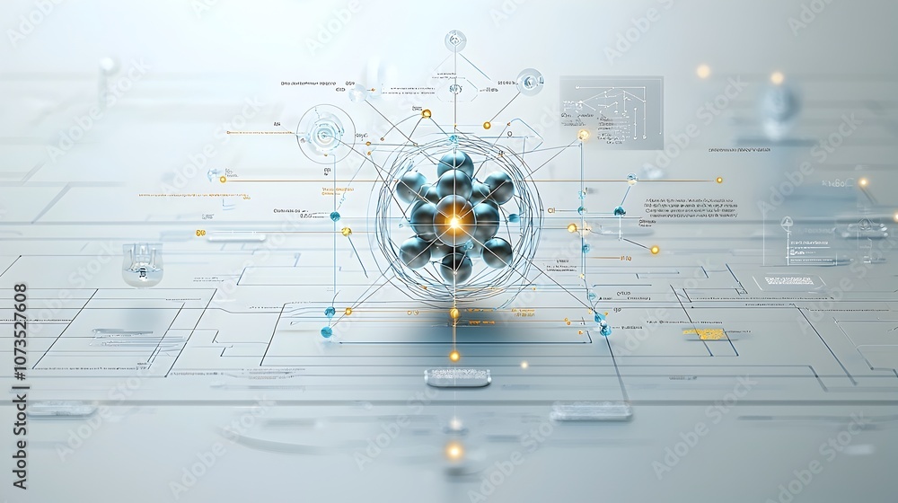 Poster A 3D atomic cross section revealing the precise arrangement of protons and neutrons in the nucleus along with the distinct paths of electrons presented in a sleek modern digital design
