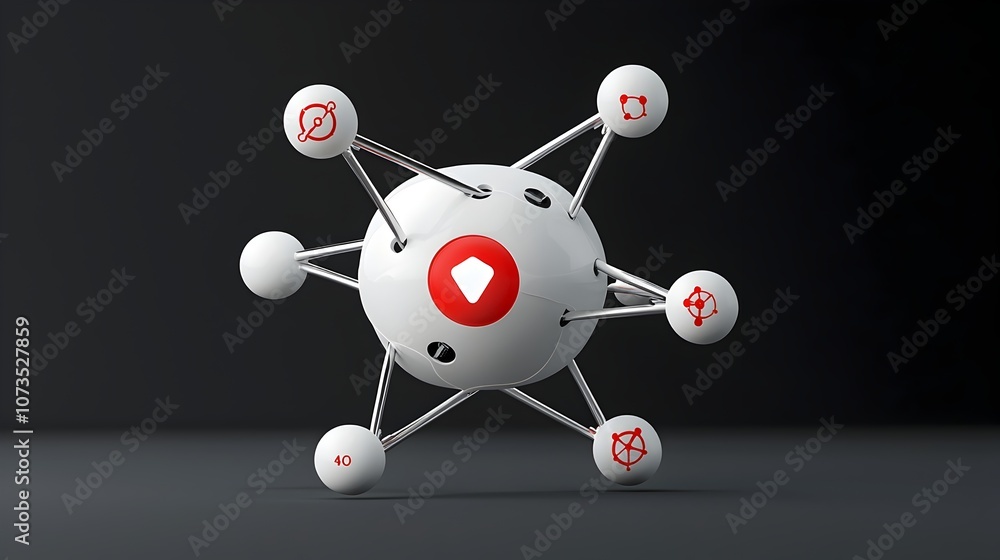 Poster Advanced 3D atom model integrated with technology symbols showcasing innovation and progress in the field of atomic science and research