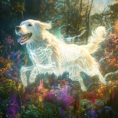 Obraz premium Ethereal Skeletal Spirit Creature Emerging from Vibrant Fantasy Forest Landscape