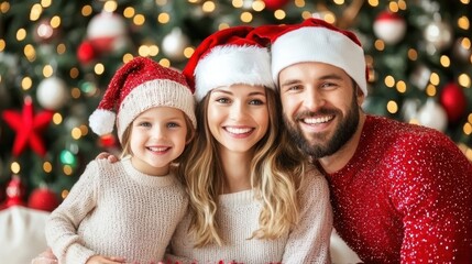 A joyful family poses in festive attire, featuring Christmas hats, in front of a beautifully decorated tree with warm lights.