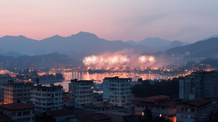 Obraz premium A beautiful cityscape at dusk, showcasing fireworks illuminating the skyline and reflecting off the water, surrounded by mountains.