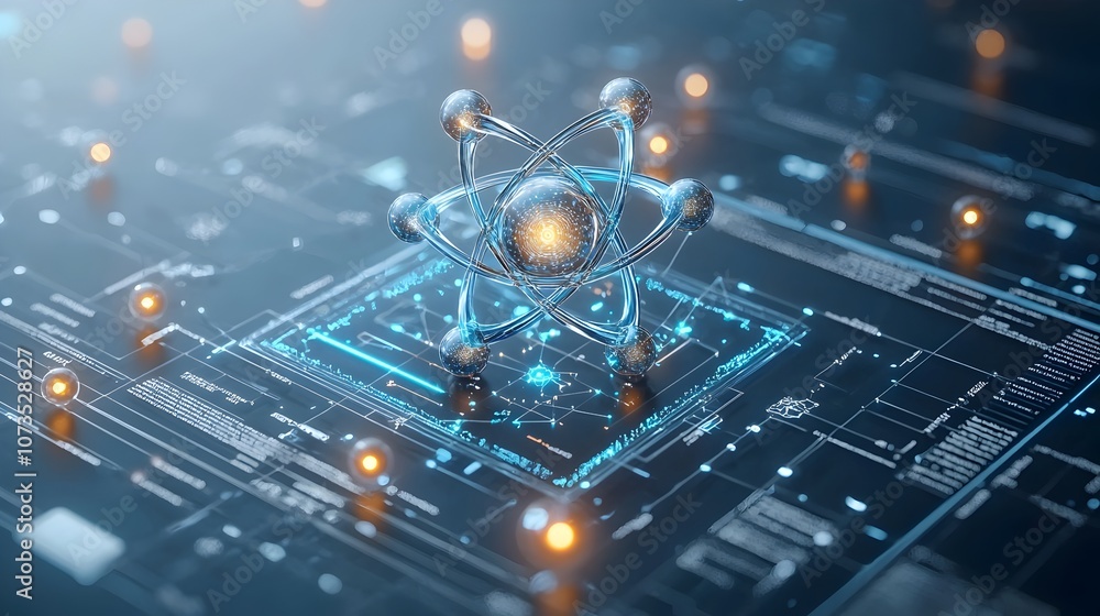 Aufkleber Conceptual atom showcasing futuristic lights and holographic particles symbolizing the cutting edge research and innovations of the next in the fields of science and technology