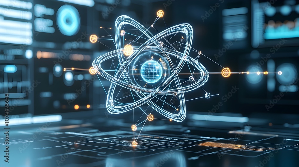 Poster A detailed digital of a futuristic atom with glowing lines and interconnected network nodes