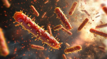 Vivid image of red bacteria under a microscope, focusing on cellular textures and micro-level details.