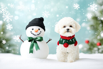 A white dog wearing a red and green sweater stands next to a snowman