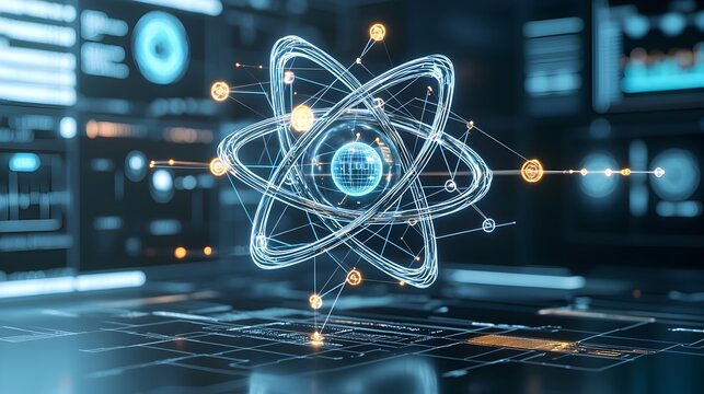 A detailed digital of a futuristic atom with glowing lines and interconnected network nodes
