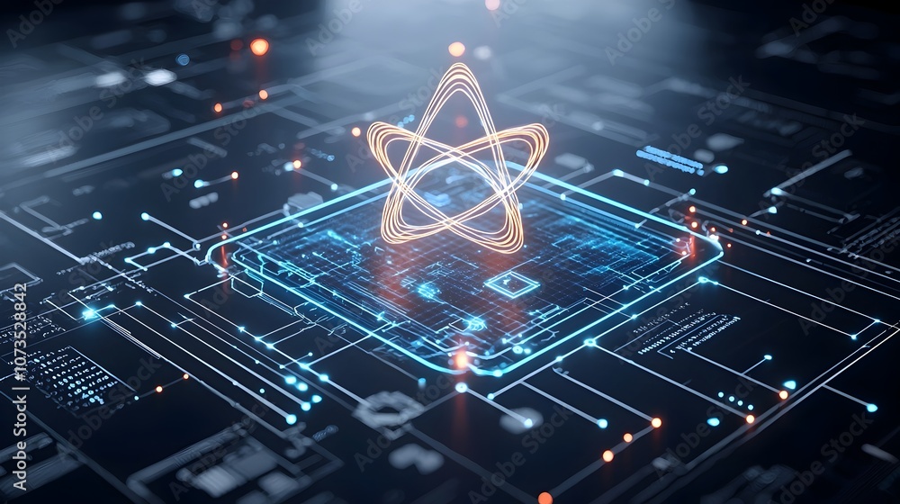 Poster Visually captivating atomic design featuring neon lines and a digital matrix representing innovation and technological advancements in the field of molecular science