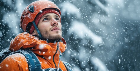 Portrait of professional young male mountain guide climber hiker looking up at high altitude summit carrying backpack with alpine climbing gear. Snowy weather. Hiking, success, extreme sport concept.