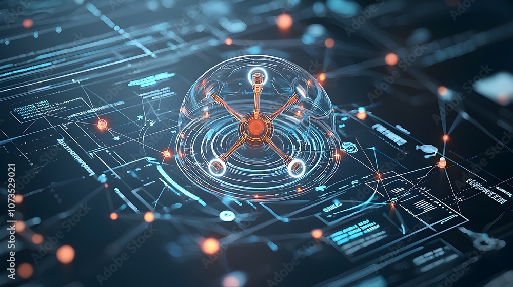 Poster A futuristic atomic structure with a digital background and neon accents merging the realms of advanced technology and molecular science in a visually captivating and innovative design