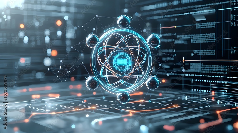 Aufkleber Futuristic atomic structure with a digital background and neon accents merging the world of technology and molecular science into a captivating abstract
