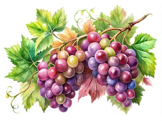Fototapeta premium Watercolor Grapes Branches - Panoramic Fruit Illustration for Design