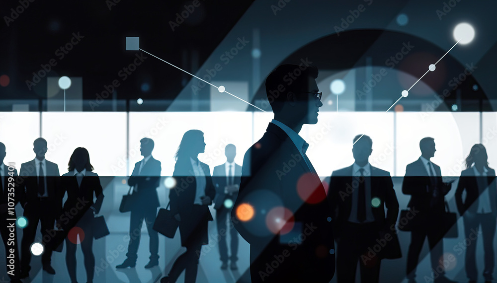 Poster silhouette of business professionals in modern office setting with glowing abstract digital network 