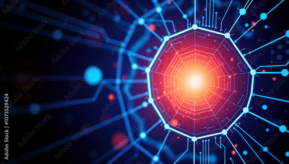 Poster glowing red orb surrounded by blue digital nodes futuristic technology network concept