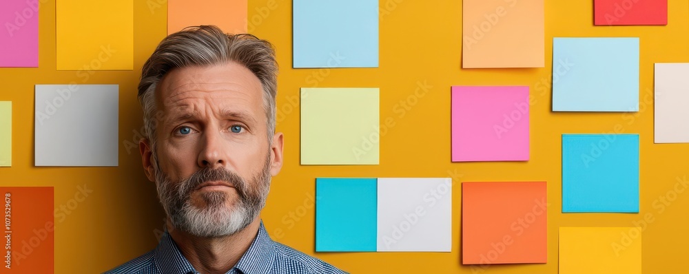 Poster close-up of a business leader with a focused expression, reviewing a list of goals and action items,