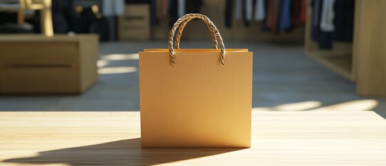 A simple, elegant brown paper shopping bag placed on a wooden table in a well-lit retail space showcasing a minimalistic and modern shopping experience.