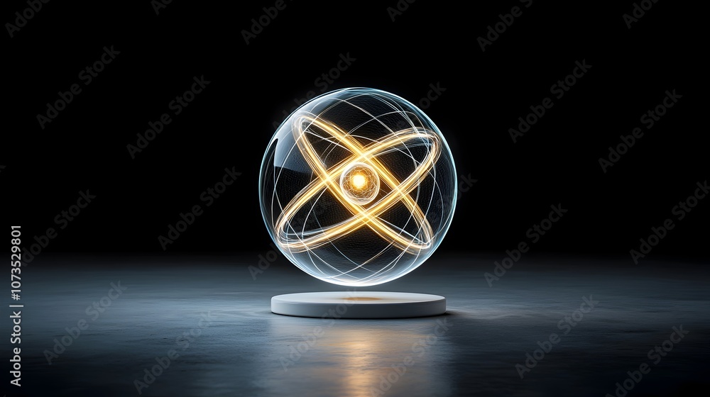 Poster Vibrant holographic atom model with dynamic orbital patterns showcasing the modern advancements in physics and scientific research