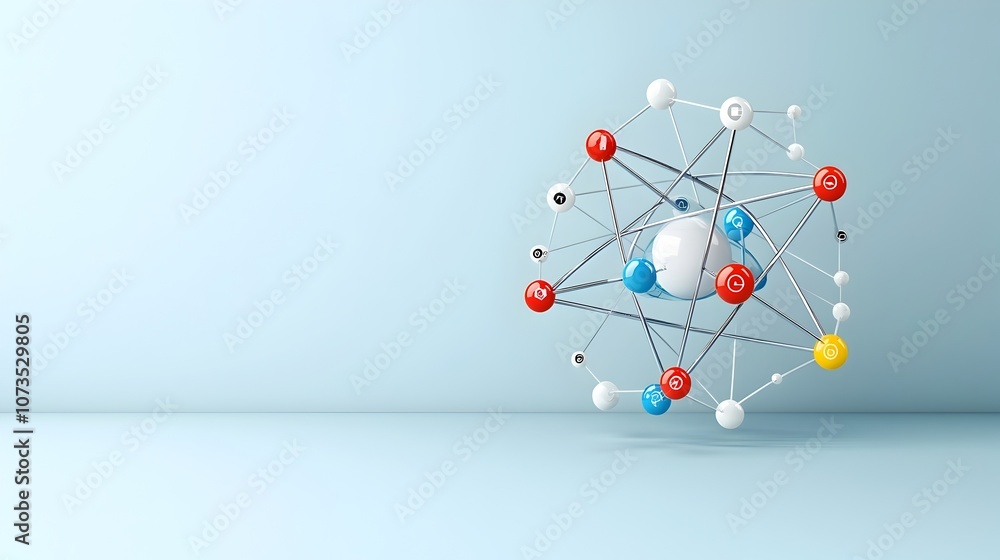 Poster and abstract visualization of an atom model with digital nodes futuristic hues and a dynamic interconnected structure