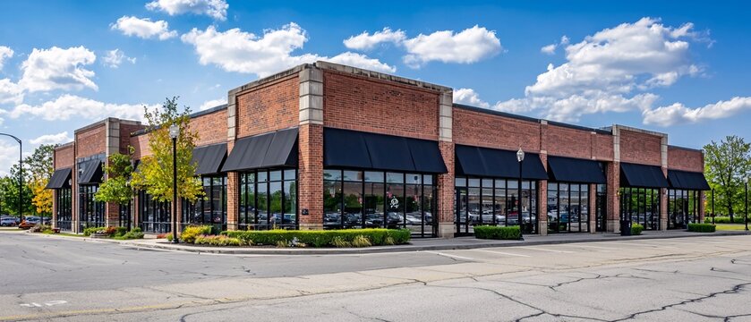 A modern brick building with large glass windows, surrounded by lush greenery and a clear blue sky, showcasing a vibrant commercial space.