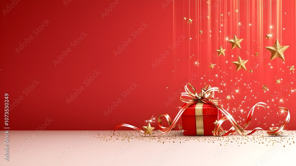 Aufkleber stunning red background with shimmering golden stars and flowing ribbons illuminated by dramatic lig