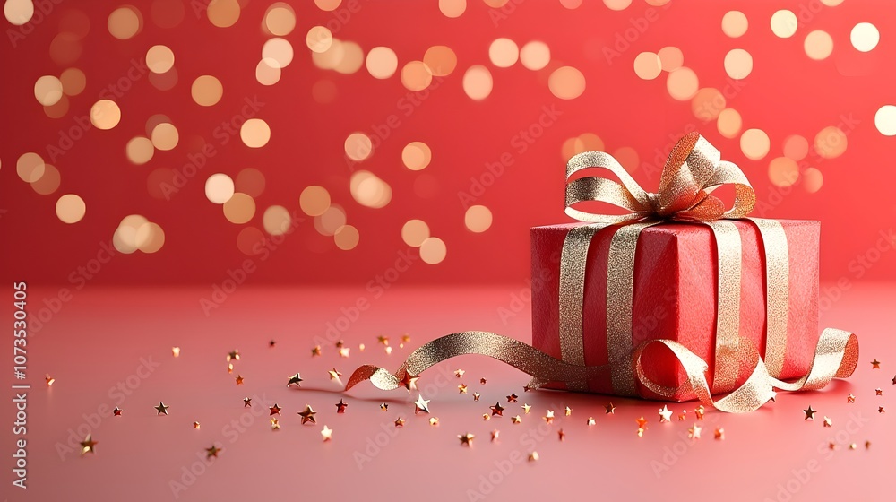 Poster sophisticated red background with glowing gold stars gentle bokeh effects and stylish ribbon accents