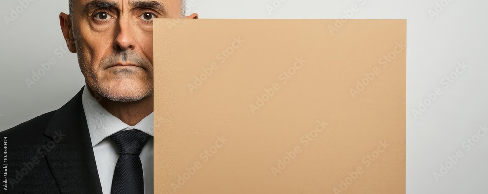 Poster close-up of a business leader with a focused expression, reviewing a list of goals and action items,