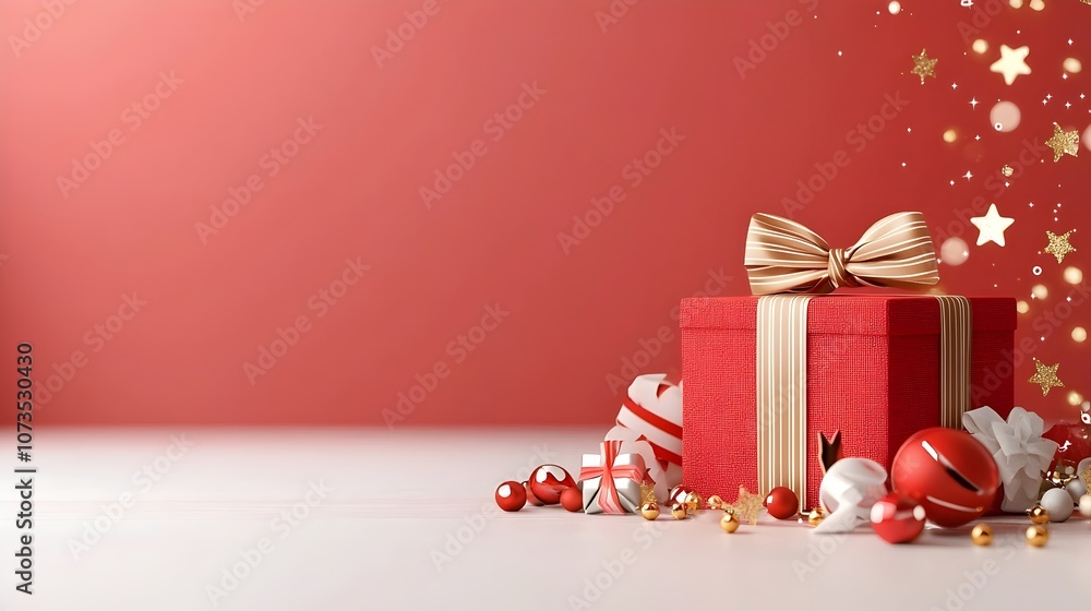 Poster elegant and sophisticated red background with glowing gold stars gentle bokeh effects and stylish ri