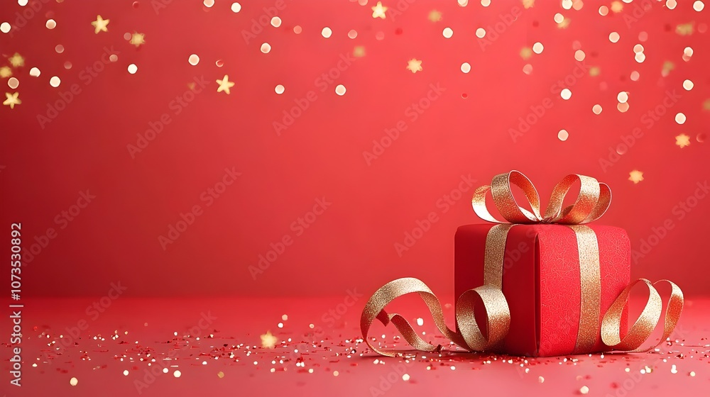 Poster glamorous red background with dynamic gold stars soft bokeh lighting and elegant ribbon motifs perfe