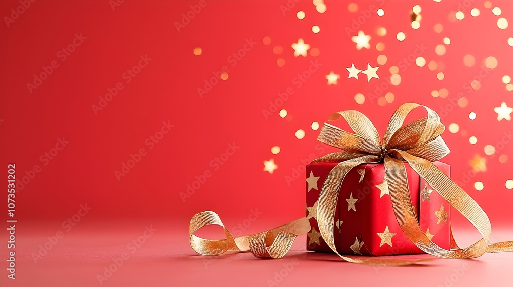 Aufkleber elegant red background with shimmering gold stars dreamy bokeh and flowing golden ribbons highlighte