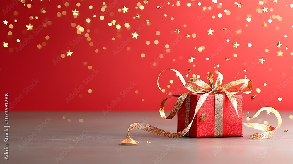 Aufkleber Elegant red and gold background with shimmering stars soft bokeh and flowing ribbons highlighted by golden light beams creating an upscale and festive atmosphere for event decor