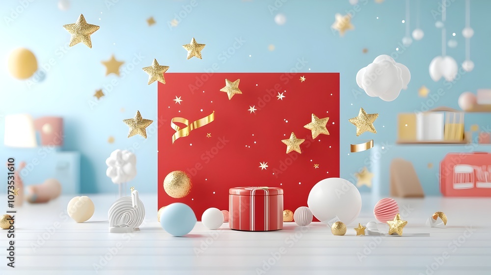 Poster Luxurious red award backdrop adorned with floating gold stars smooth bokeh effects and stylish ribbon elements creating a refined event or ceremony setting