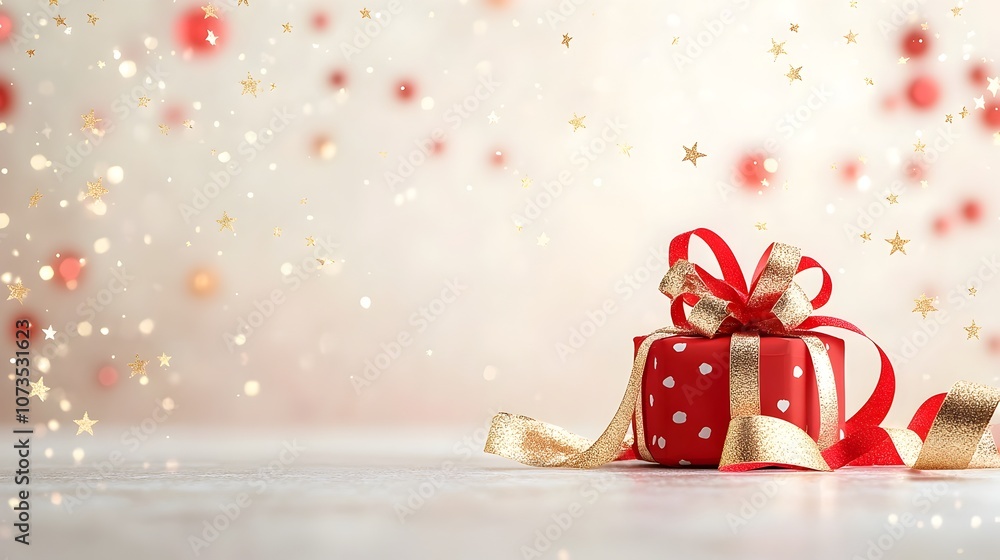 Poster vibrant red and gold backdrop with twinkling stars soft bokeh lighting and elegant flowing ribbon de