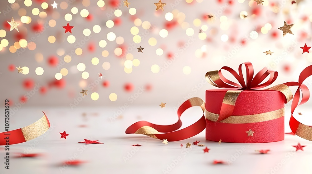 Aufkleber festive red and gold background with moving stars soft bokeh and flowing ribbon decor capturing the 