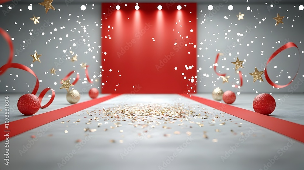 Poster Elegant red and gold ceremony background featuring sparkling stars ornate ribbons and gentle light beams creating a sophisticated and luxurious ambiance for a special event or