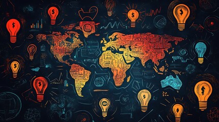 A cartoon-style drawing of various financial symbol, Business idea light bulb icons