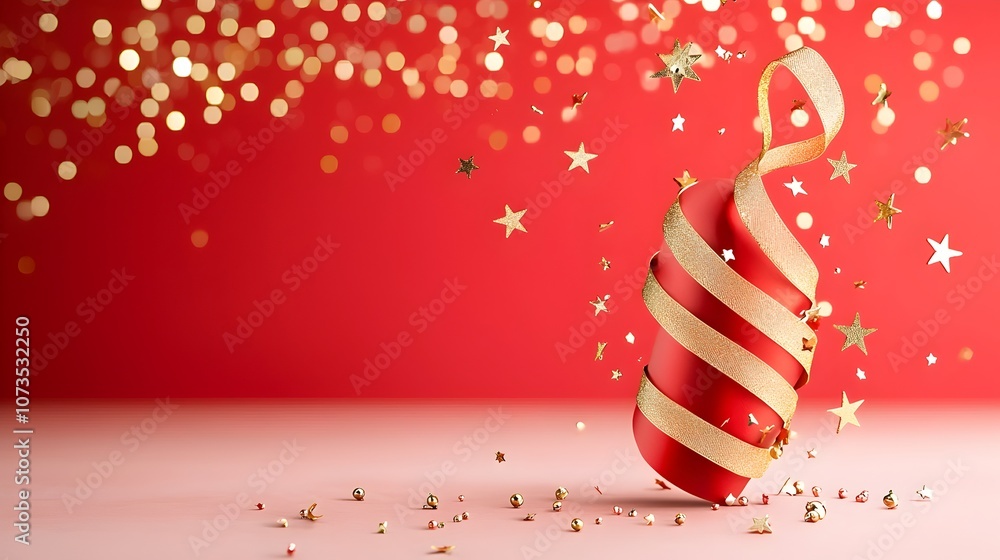 Poster sophisticated red backdrop with soft golden stars delicate ribbon details and bokeh lighting effects