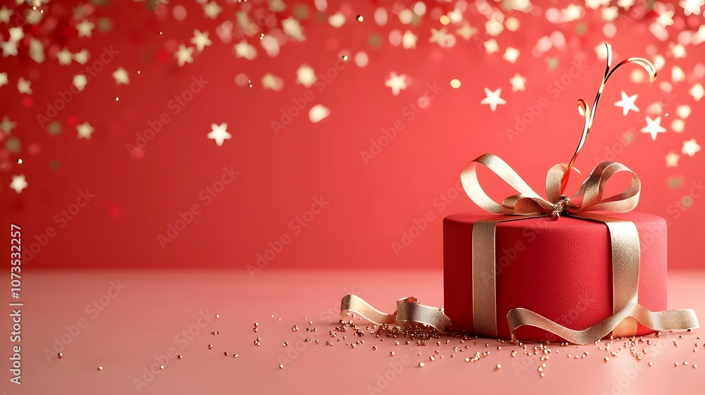 Poster sophisticated red backdrop with golden stars soft bokeh lighting and ribbon details suited for a lux